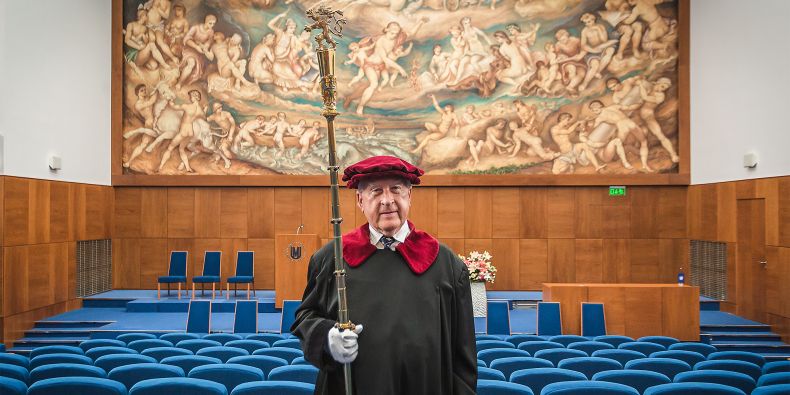 Rektorské žezlo, které Jaroslav Gregr drží, je dlouhé 125 centimetrů, váží 1,3 kilogramu a je duté. Je v něm zatavená listina, která připomíná dokončení první sady insignií v roce 1938.