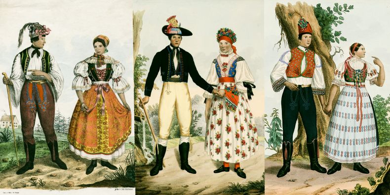 Ukázky lidových oděvů z 19. století.