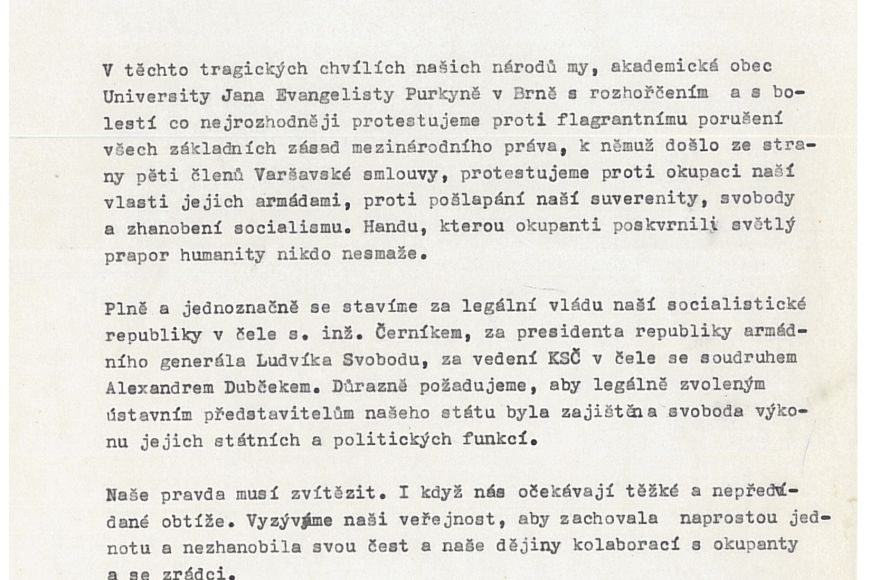 Fragment dokumentu, kterým akademická obec brněnské univerzity protestovala proti invazi zahraničních vojsk.