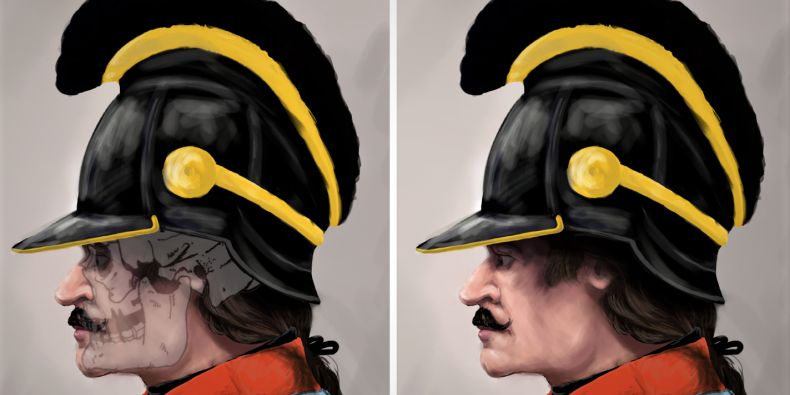 Kresebná rekonstrukce obličeje jedince č. 3 v historické uniformě lehké infanterie rakouské armády z období napoleonských válek.