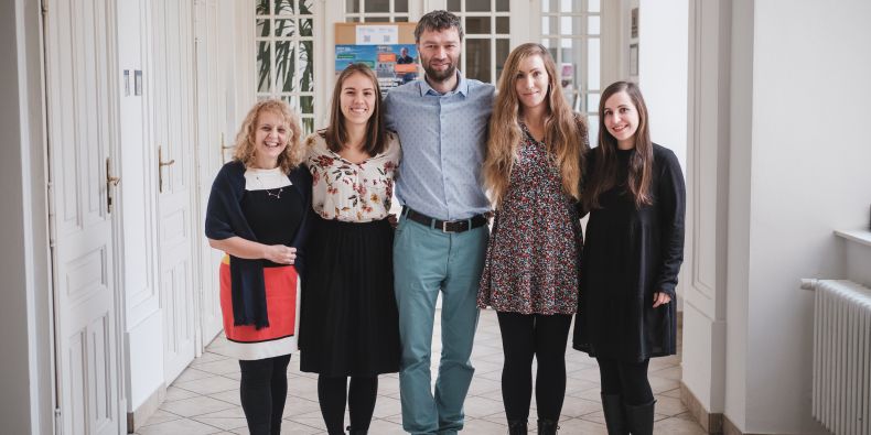 On the picture from the left: CZS MU Director Violeta Osouchová, coordinator Veronika Chylíková, head of Welcome Office Martin Vašek and coordinators Martina Kolníková and Radka Vičarová.