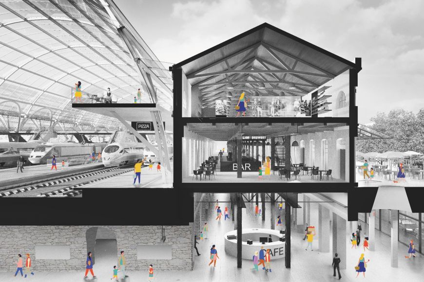 Průřez nádražím podle třetího projektu od Atelieru M1 architekti.