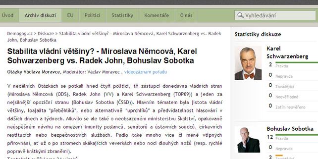 Výsledky práce téměř dvacetičlenného týmu najdou zájemci vždy v úterý večer na webu demagog.cz. Screenshot: www.demagog.cz