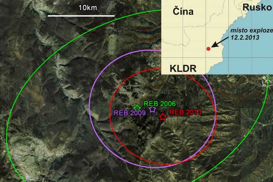Srovnání prvních automaticky odhadovaných míst, kde se odehrály jaderné testy v severní Koreji v letech 2006, 2009 a 2013.