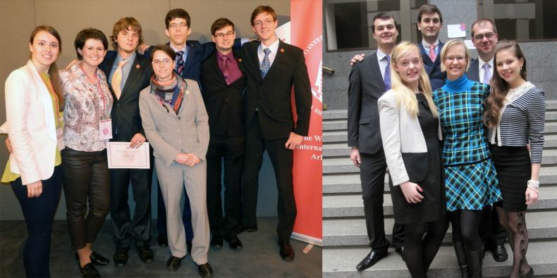 Týmy studentů Právnické fakulty MU vyslané do Hongkongu (vlevo) a do Vídně (vpravo).