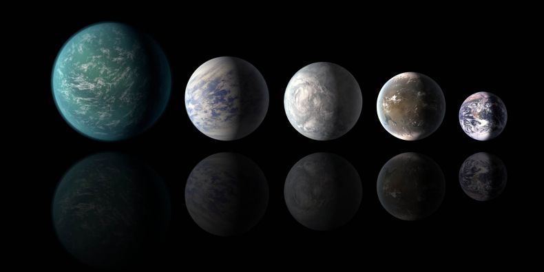 Poměrné velikosti nově objevených planet, zleva: Kepler-22-b, Kepler-69-c, Kepler-62-e, Kepler-62-f a Země.