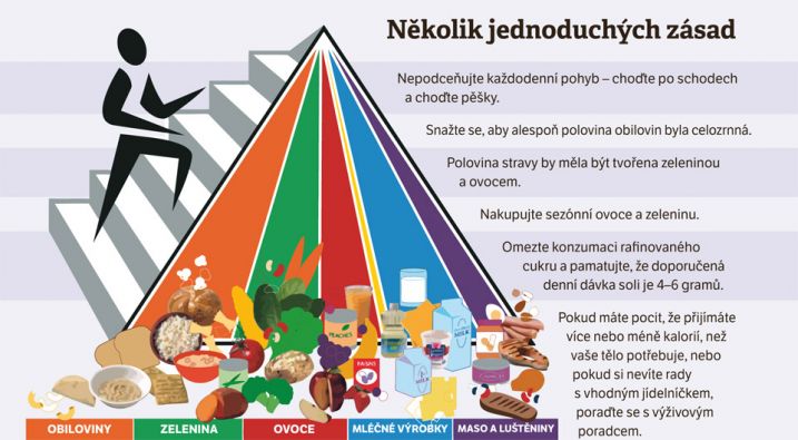 Myslete na rozmanitost, to je časté doporučení odborníků. Barevně odlišené skupiny znázorňují, jaké potraviny a v jakém poměru by měly být základem jídelníčku. Zdroj: USDA/choosemyplate.gov.