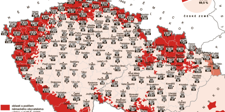 Mapa ukazuje počet Němců v Česku v roce 1930 a 1946