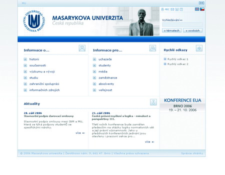 Od 18. září je veřejnosti přístupná nová internetová prezentace Masarykovy univerzity. Mezi hlavní novinky patří zlepšená navigace, zpřehlednění informační struktury a použití nového jednotného vizuálního stylu univerzity.