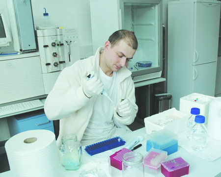 Mgr. Ctirad Hofr, Ph.D., odborný pracovník Ústavu experimentální biologie, na snímku pipetuje vzorek získaný z buněk lidské tkáně, který bude přefiltrován a nastříknut na iontoměničovou kolonu perfúzního kapalinového chromatografu, kde dojde k oddělení složek, které vykazují telomerázovou aktivitu od složek extraktu, které jsou neaktivní. Po zakoncentrování purifikovaného extraktu je aktivita detekována za použití vysoce citlivé metody TRAP, která využívá polymerázové řetězové reakce. Mgr. Ctirad Hofr, Ph.D., odborný pracovník Ústavu experimentální biologie, na snímku pipetuje vzorek získaný z buněk lidské tkáně, který bude přefiltrován a nastříknut na iontoměničovou kolonu perfúzního kapalinového chromatografu, kde dojde k oddělení složek, které vykazují telomerázovou aktivitu od složek extraktu, které jsou neaktivní. Po zakoncentrování purifikovaného extraktu je aktivita detekována za použití vysoce citlivé metody TRAP, která využívá polymerázové řetězové reakce.