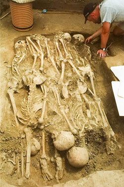 Při hloubení výkopů pro vodovodní potrubí bylo ve Znojmě nalezeno šest hromadných kostrových hrobů. Foto: Archiv Oddělení lékařské antropologie LF MU. Při hloubení výkopů pro vodovodní potrubí bylo ve Znojmě nalezeno šest hromadných kostrových hrobů. Foto: Archiv Oddělení lékařské antropologie LF MU.